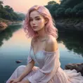 A delicate woman with a tranquil gaze and soft pink hair, seated beside a gently flowing river at dusk, Highly Detailed, Half Body, Gorgeous, Stunning, Elegant by Stanley Artgerm Lau