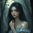 A serene moonlit beauty with porcelain skin and raven hair, lost in thought beneath a misty forest canopy., Highly Detailed, Half Body, Gorgeous, Stunning, Elegant by Stanley Artgerm Lau