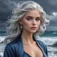 A poised beauty with piercing sapphire eyes and silver hair, standing against a backdrop of a stormy sea, Highly Detailed, Half Body, Gorgeous, Stunning, Elegant by Stanley Artgerm Lau