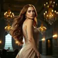 A stunning woman with flowing auburn hair, wearing an elegant evening gown, standing in a dimly lit ballroom with chandeliers, soft light highlighting her features, highly detailed, realistic, cinematic lighting, Highly Detailed, Half Body, Gorgeous, Stunning, Elegant by Stanley Artgerm Lau