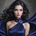 A captivating woman with a mysterious aura and deep violet eyes, draped in a flowing midnight blue gown, Highly Detailed, Half Body, Gorgeous, Stunning, Elegant by Stanley Artgerm Lau