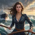 A woman of strength and determination, standing at the helm of a ship as it cuts through turbulent waters, navigating the challenges of life with courage and resilience., Highly Detailed, Half Body, Gorgeous, Stunning, Elegant by Stanley Artgerm Lau