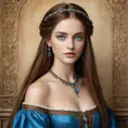 A gorgeous woman inspired by the Renaissance era, with long, straight brown hair and piercing blue eyes, Highly Detailed, Half Body, Gorgeous, Stunning, Elegant