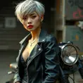 A striking woman with short platinum blonde hair, wearing a chic black leather jacket, leaning against a vintage motorcycle, gritty urban background, bold and edgy, cinematic lighting, Highly Detailed, Half Body, Gorgeous, Stunning, Elegant by Stanley Artgerm Lau