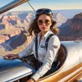 A confident woman piloting a vintage airplane over the Grand Canyon, Highly Detailed, Half Body, Gorgeous, Stunning, Elegant by Stanley Artgerm Lau