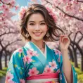 A beautiful woman with a radiant smile, surrounded by blooming cherry blossom trees, wearing a colorful kimono, capturing the essence of spring and renewal in her expression., Highly Detailed, Half Body, Gorgeous, Stunning, Elegant by Stanley Artgerm Lau