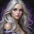 A hauntingly beautiful woman with long, flowing silver hair, deep violet eyes, and a melancholic expression, radiating mystery and allure, Highly Detailed, Half Body, Gorgeous, Stunning, Elegant by Stanley Artgerm Lau