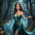 A mystical sorceress in a dark forest, her luminescent gown shimmering with magic, wildflowers blooming at her feet, casting spells as swirling lights dance around her., Highly Detailed, Half Body, Gorgeous, Stunning, Elegant by Stanley Artgerm Lau