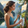 a creative woman painting a beautiful landscape, Highly Detailed, Half Body, Gorgeous, Stunning, Elegant by Stanley Artgerm Lau