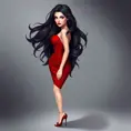 A gorgeous woman with porcelain skin and raven-black hair, wearing a fitted red dress and high heels, Highly Detailed, Half Body, Gorgeous, Stunning, Elegant