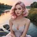 A delicate woman with a tranquil gaze and soft pink hair, seated beside a gently flowing river at dusk, Highly Detailed, Half Body, Gorgeous, Stunning, Elegant by Stanley Artgerm Lau