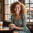 A beautiful woman with freckles and curly hair sitting in a cozy café, her eyes sparkling with laughter, adorned in a cute vintage dress, a steaming cup of coffee in her hands, sunlight streaming through the window., Highly Detailed, Half Body, Gorgeous, Stunning, Elegant by Stanley Artgerm Lau