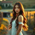 A beautiful woman with long, wavy brunette hair, wearing a casual summer dress, standing in a rustic countryside, the golden hour light casting a warm glow, idyllic and peaceful setting, Highly Detailed, Half Body, Gorgeous, Stunning, Elegant by Stanley Artgerm Lau