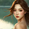 A serene beauty with almond-shaped eyes and flowing chestnut hair, standing by a tranquil lake at dawn, Highly Detailed, Half Body, Gorgeous, Stunning, Elegant by Stanley Artgerm Lau