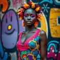 A radiant woman with dark skin and bright, colorful makeup, wearing a vibrant patterned dress, standing in front of a graffiti-covered wall, vivid colors, artistic and contemporary vibe, Highly Detailed, Half Body, Gorgeous, Stunning, Elegant by Stanley Artgerm Lau