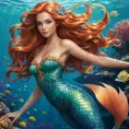 a whimsical mermaid with shimmering scales and a flowing auburn mane, swimming amidst coral reefs, Highly Detailed, Half Body, Gorgeous, Stunning, Elegant by Stanley Artgerm Lau