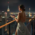 A graceful figure, dressed in an elegant evening gown, taking a moment of solitude on a balcony overlooking the city lights, a glass of wine in hand and a thoughtful expression on her face., Highly Detailed, Half Body, Gorgeous, Stunning, Elegant by Stanley Artgerm Lau