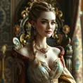 A regal woman with braided updo, wearing an elaborate gown fit for a queen, with gold filigree and rich, deep satin textures, in a grand throne room adorned with tapestries, Highly Detailed, Half Body, Gorgeous, Stunning, Elegant by Stanley Artgerm Lau