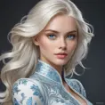 A mesmerizingly beautiful woman with platinum blonde hair, icy blue eyes, and a regal bearing, exuding power and sophistication, Highly Detailed, Half Body, Gorgeous, Stunning, Elegant by Stanley Artgerm Lau