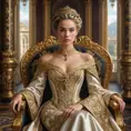 A regal woman with braided updo, wearing an elaborate gown fit for a queen, with gold filigree and rich, deep satin textures, in a grand throne room adorned with tapestries, Highly Detailed, Half Body, Gorgeous, Stunning, Elegant by Stanley Artgerm Lau