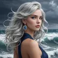 A poised beauty with piercing sapphire eyes and silver hair, standing against a backdrop of a stormy sea, Highly Detailed, Half Body, Gorgeous, Stunning, Elegant by Stanley Artgerm Lau