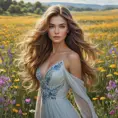 a beautiful woman with flowing hair, standing in a field of wildflowers, Highly Detailed, Half Body, Gorgeous, Stunning, Elegant by Stanley Artgerm Lau