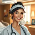 A gentle and compassionate nurse with a kind smile and warm, honey-brown eyes, set against a cozy and intimate hospital room, Highly Detailed, Half Body, Gorgeous, Stunning, Elegant by Stanley Artgerm Lau