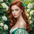 A graceful lady with striking emerald eyes and auburn tresses, elegantly poised in a lush, blooming garden, Highly Detailed, Half Body, Gorgeous, Stunning, Elegant by Stanley Artgerm Lau