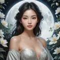 A serene and ethereal woman with delicate, petal-like features, amidst a moonlit garden, Highly Detailed, Half Body, Gorgeous, Stunning, Elegant by Stanley Artgerm Lau