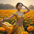 A radiant woman in traditional Indian attire, dancing in a field of marigolds, Highly Detailed, Half Body, Gorgeous, Stunning, Elegant by Stanley Artgerm Lau