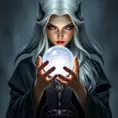 a mysterious sorceress with long silver hair and piercing violet eyes, holding a glowing orb in her hands, Highly Detailed, Half Body, Gorgeous, Stunning, Elegant by Stanley Artgerm Lau