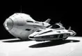 One with a spacecraft parked next to another, in the style of monochromatic compositions, dynamic action sequences, wlop, vray, silver and black, streamline elegance, hisui sugiura, Sci-Fi, Volumetric Lighting