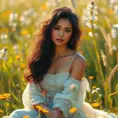 A beautiful woman with dark curly hair, wearing a bohemian dress, sitting in a sunlit meadow filled with wildflowers, soft-focus background, ethereal atmosphere, warm golden tones, natural beauty, Highly Detailed, Half Body, Gorgeous, Stunning, Elegant by Stanley Artgerm Lau