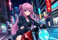 An anime-style illustration of a woman with pink hair and heterochromatic eyes (one blue, one green), riding her motorcycle through neon-lit city streets at night, Highly Detailed, Intricate, Half Body, Realistic