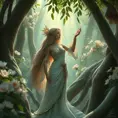 A serene goddess of nature, immersed in a lush, blooming forest, Highly Detailed, Half Body, Gorgeous, Stunning, Elegant by Stanley Artgerm Lau