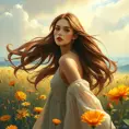 a beautiful woman with flowing hair, standing in a field of wildflowers, Highly Detailed, Half Body, Gorgeous, Stunning, Elegant by Stanley Artgerm Lau