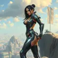 A fearless woman with an athletic build, wearing futuristic armor with elegant lines and soft LED accents, poised atop a cliff overlooking a sprawling sci-fi cityscape, Highly Detailed, Half Body, Gorgeous, Stunning, Elegant by Stanley Artgerm Lau