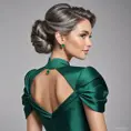 A lady in her late 30s with soft gray hair pulled back into a classic chignon, wearing an elegant emerald green dress that softly hugs her figure, Highly Detailed, Half Body, Gorgeous, Stunning, Elegant by Stanley Artgerm Lau