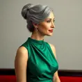 A lady in her late 30s with soft gray hair pulled back into a classic chignon, wearing an elegant emerald green dress that softly hugs her figure, Highly Detailed, Half Body, Gorgeous, Stunning, Elegant by Stanley Artgerm Lau