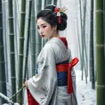 A serene geisha walking alone in a snowy bamboo forest, Highly Detailed, Half Body, Gorgeous, Stunning, Elegant by Stanley Artgerm Lau