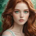 A breathtakingly beautiful woman with flowing auburn hair, emerald eyes, and a delicate porcelain complexion, ethereal and otherworldly, Highly Detailed, Half Body, Gorgeous, Stunning, Elegant by Stanley Artgerm Lau