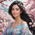 A radiant woman with a gentle smile and raven hair, surrounded by a cascade of cherry blossoms in spring, Highly Detailed, Half Body, Gorgeous, Stunning, Elegant by Stanley Artgerm Lau