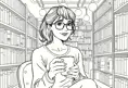 A minimalist line art drawing of a woman with glasses and a kind smile, holding a cup of coffee while sitting quietly in an antique bookstore, Highly Detailed, Intricate, Half Body, Realistic