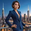 A confident woman with a sleek bob haircut, sharp features, and a tailored power suit, commanding attention in a modern metropolis skyline during the blue hour, Highly Detailed, Half Body, Gorgeous, Stunning, Elegant by Stanley Artgerm Lau