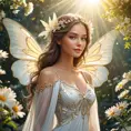 A beautiful woman with wings like a butterfly, surrounded by flowers and sunlight, Highly Detailed, Half Body, Gorgeous, Stunning, Elegant