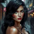 A mysterious and alluring femme fatale with piercing sapphire eyes and raven-black hair, shrouded in smoke and shadows on a rain-soaked city street, Highly Detailed, Half Body, Gorgeous, Stunning, Elegant by Stanley Artgerm Lau