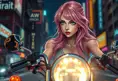 A woman with pink hair and heterochromatic eyes (one blue, one green), riding her motorcycle through neon-lit city streets at night, Highly Detailed, Intricate, Half Body, Realistic