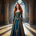 A stunning woman with long red hair, wearing an intricately detailed medieval gown, standing in a grand castle hall, the light streaming through stained glass windows, regal and majestic, Highly Detailed, Half Body, Gorgeous, Stunning, Elegant by Stanley Artgerm Lau