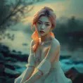 A delicate woman with a tranquil gaze and soft pink hair, seated beside a gently flowing river at dusk, Highly Detailed, Half Body, Gorgeous, Stunning, Elegant by Stanley Artgerm Lau