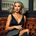 A sophisticated woman in her early 40s, silver hair flowing gently, dressed in a classic LBD with diamond earrings and clutch, seated elegantly on a velvet sofa, Highly Detailed, Half Body, Gorgeous, Stunning, Elegant by Stanley Artgerm Lau